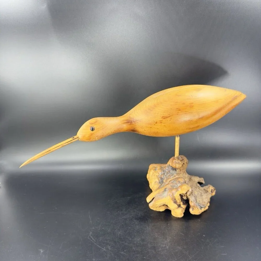1989 K L Osborn Hand Carved Shore Bird Wood Figurine On Driftwood Hand‎ Made Vtg